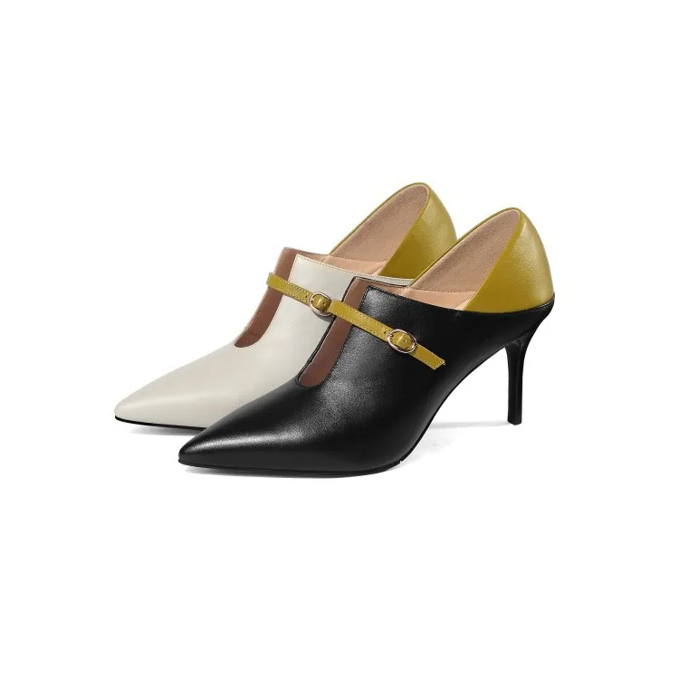 

2020 Fashion Pointed Stiletto Mixed Colors Cowhide Belt Buckle Spring And Autumn WOMEN'S Shoes T Stage Catwalks Women's Fashion