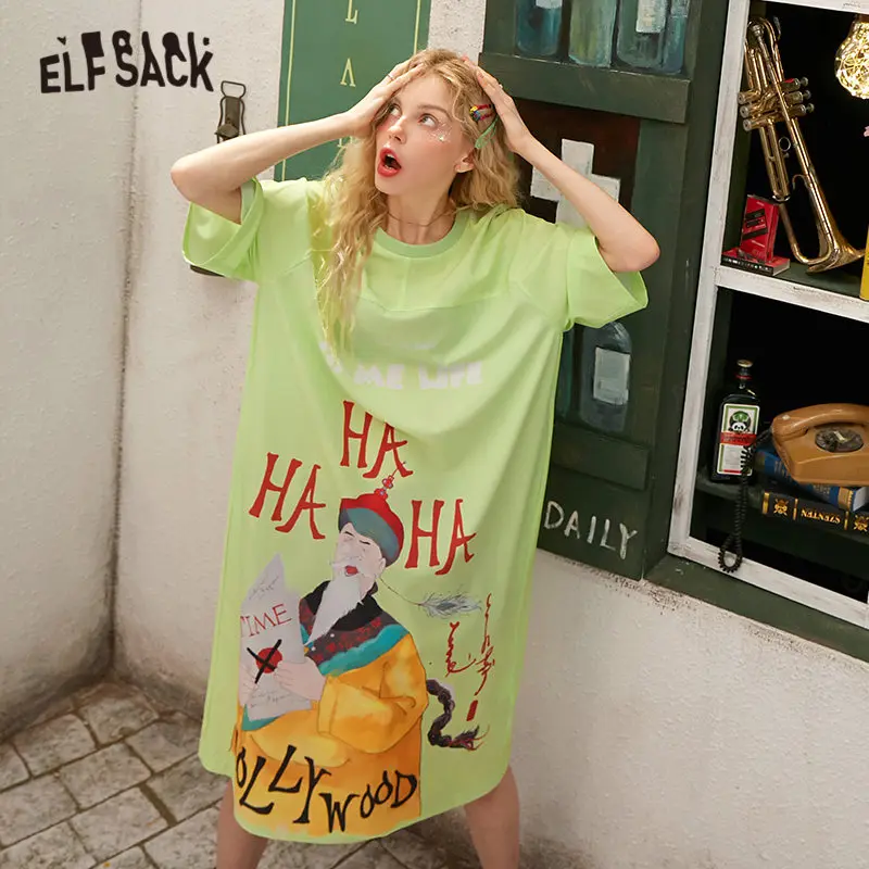 ELFSACK Black Original Graphic Print A Line Casual Dress Women 2020 Spring Green New Half Sleeve Korean Ladies Daily Dresses | Женская