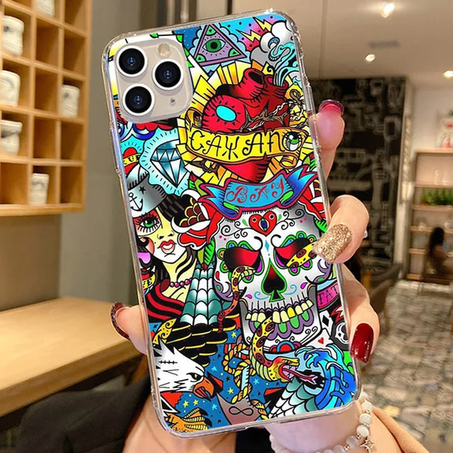 Phone Case For iPhone 13 12 11 Pro XS Max 7 8 6 6s Plus 13Mini SE2020 X XR Graffiti Sticker Art Soft TPU Silicone Cases Cover PTTM-CLS08