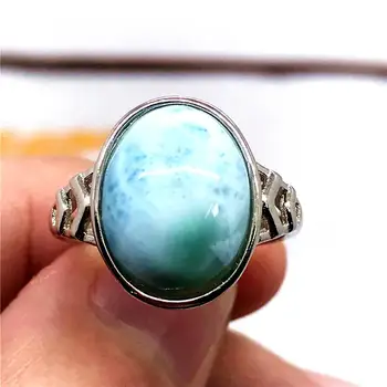 

16x13mm Top Natural Blue Larimar Ring Jewelry For Woman Man Crystal Round Beads Silver Water Pattern Stone Adjustable Ring AAAAA