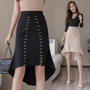 

2020 Spring Summer Fishtail Midi Skirts Womens High Waist Rivet Patchwork Elegant Korean Office Lady Trumpet Mermaid Skirts