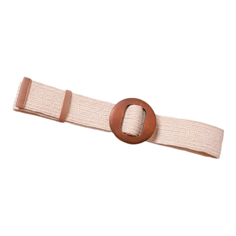 Women Braided Straw Waistband Cinch Belt with Round Wooden Buckle