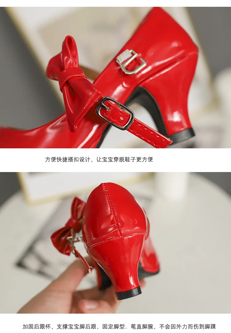 best children's shoes 2020 New hot sale princess leather dance shoes girls party bow shoes shiny Solid Red color high-heeled fashion shoes for kids children's shoes for high arches