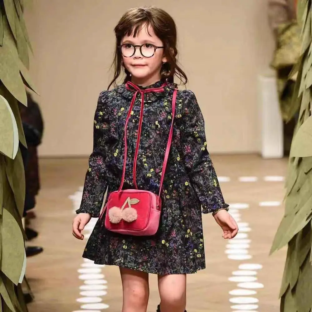 

2019 New Autumn Yellow Flower Pattern Baby Girls Black Dress BP Style Cherry Brand Floral Pattern Dress for Girls