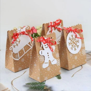 

24pcs/set Christmas Kraft Snowflake Paper Candy Gift Bags Cookie Boxes Merry Christmas Guests Packaging Boxes Party Decorations