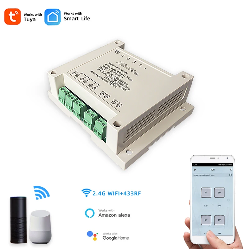 Módulo de interruptor de luz inteligente Tuya Smart Life, para electrodomésticos, 4CH,AC110V, 220V,RF433, temporizador, relé de casa inteligente 10A, asistente de Alexa/Google