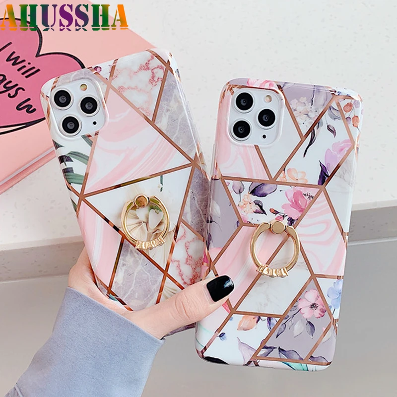 Geometric Ring Stand Marble Flowers Case For HuaweiP30 Lite P20 Mate 30 20 Pro Back Cover Skin Silicon Phone Coque |