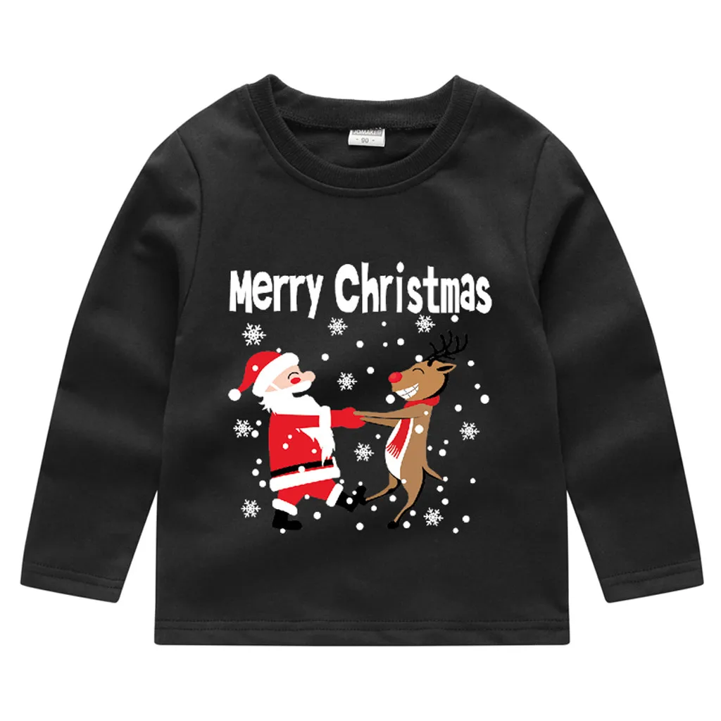 Рождественская одежда для маленьких мальчиков и девочек, свитер с длинными рукавами и принтом снеговика для малышей, пуловер, топы, Детская футболка - Цвет: Black C