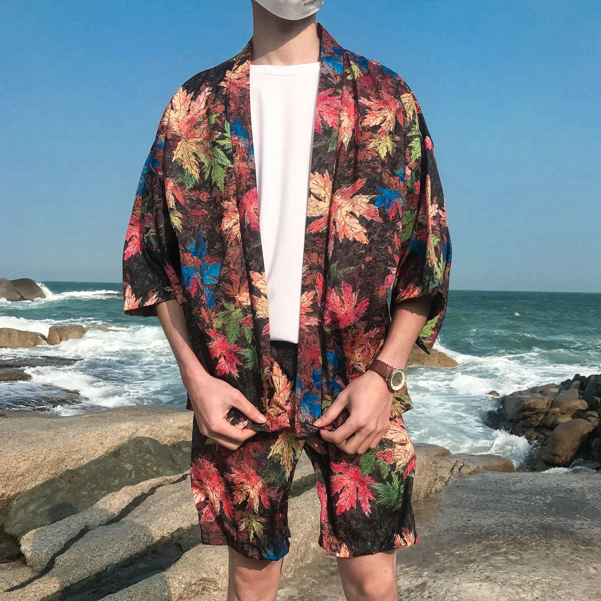 

Hot Sales Summer New Style Europe And America 3D Color Flower Youth Men Popular Kimono Robes Two-Piece Set