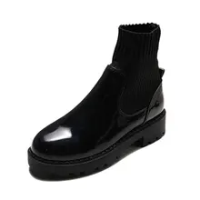 Сезон осень-зима; Модные женские ботильоны с круглым носком на толстой подошве; вязаные и кожаные водонепроницаемые женские Ботинки martin; зимние ботинки