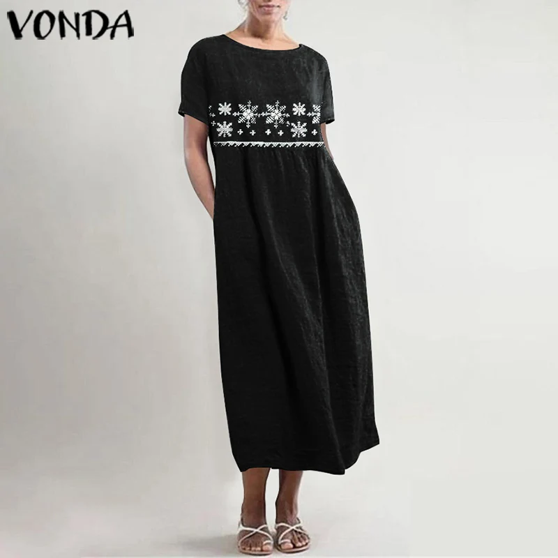 VONDA винтажное платье, Повседневное платье, женское платье с коротким рукавом и принтом, платье до середины икры,, летнее богемное платье, платье размера плюс, сарафан