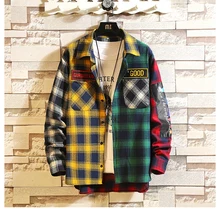 Клетчатая Мужская рубашка с длинным рукавом Свободная Японская уличная одежда мода повседневные рубашки плюс Азиатский размер M-5XL