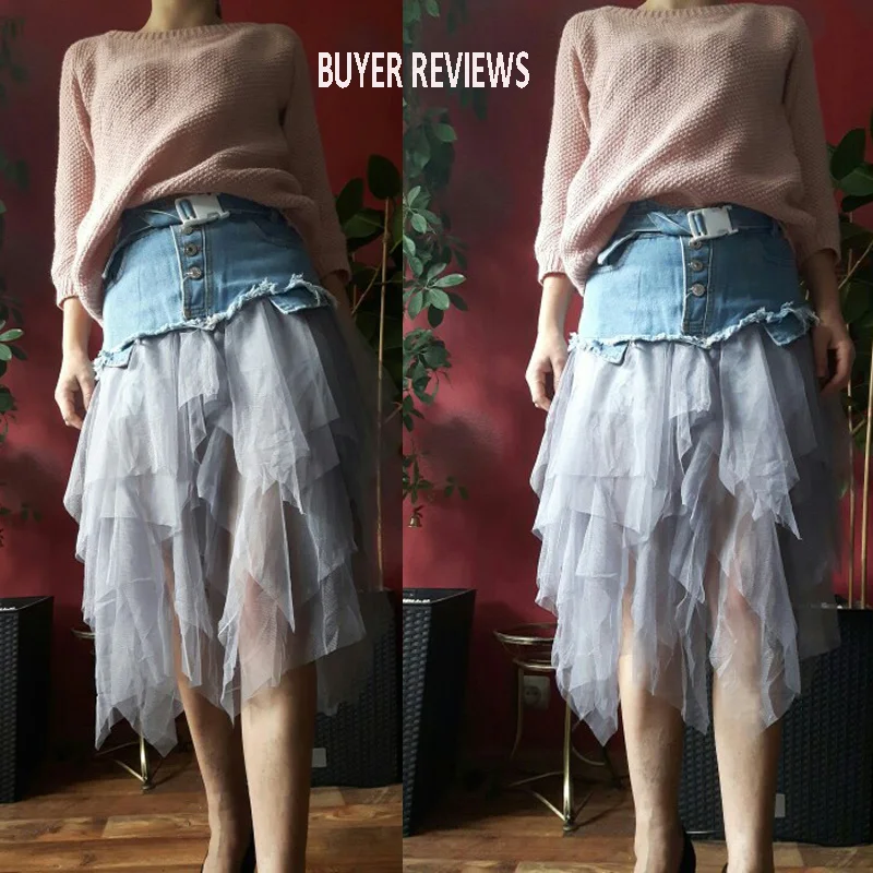 Женские Асимметричные тюлевые юбки летняя длинная синяя джинсовая юбка с завышенной талией юбка-пачка плиссированная Джинсовая юбка миди в стиле пэчворк Saias