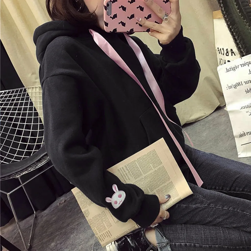 Kawaii/толстовка с капюшоном с милыми заячьими ушками; женские толстовки в стиле Харадзюку; свободные спортивные костюмы с вышивкой; пуловеры; Moletom; большие размеры XXL