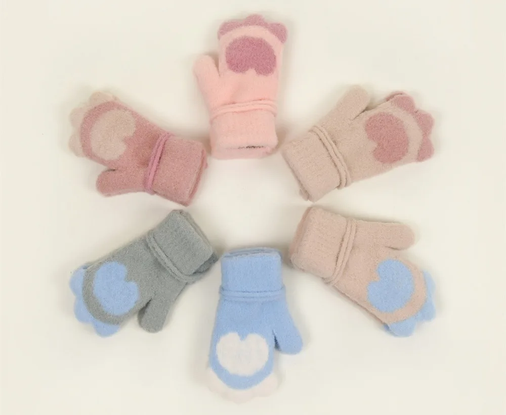 New Style Children Gloves Boys&Girls Cat Claw Style Double Thickening Warm Rope Full Finger Mittens Kids Winter Knitted Gloves