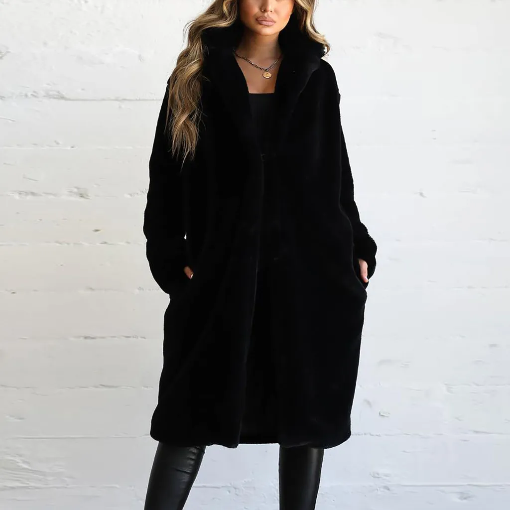 Осенне-зимнее женское пальто повседневное свободное одноцветное длинное плюшевое пальто женское винтажное пальто размера плюс толстое пальто из искусственного меха kamizelka futerko