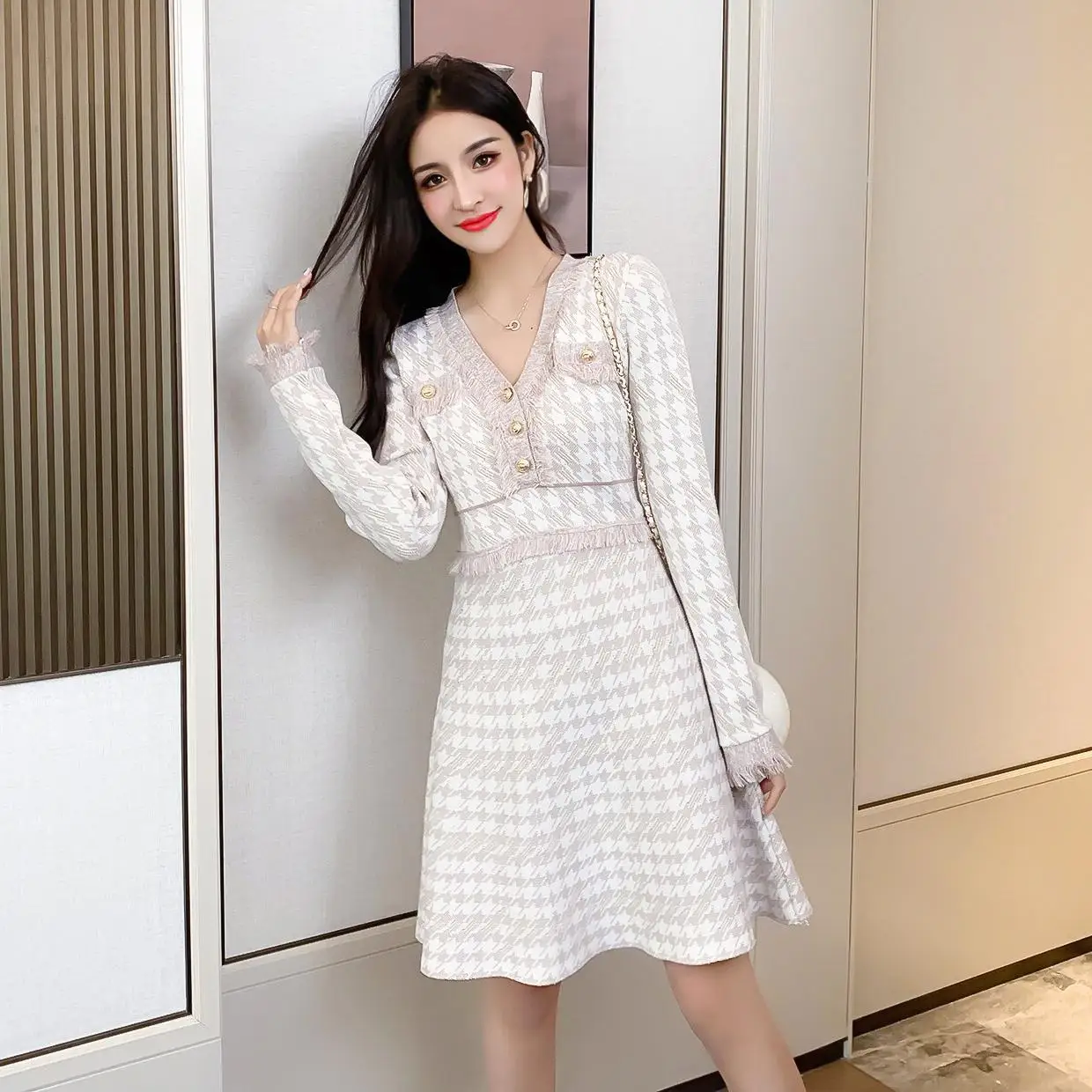 

2020 Spring new wave autumn dress small fragrance houndstooth waist waist long sleeve knit dress
