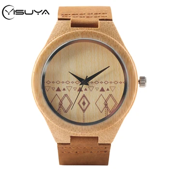 

YISUYA Unique Geometry Rhombus Display Wood Watch Men's Watches Bamboo Wooden Watches Stylish Leather Band Men's Timepiece reloj