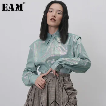 

[EAM] Women Green Split Joint Shining Blouse New Lapel Long Sleeve Loose Fit Shirt Fashion Tide Spring Autumn 2020 1H268