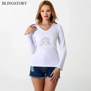 

BLINGSTORY Autumn Plus Size Woman Long Sleeve Rhinestone Tshirt Women Tops Diamond Flower Oversized T Shirt S-6XL