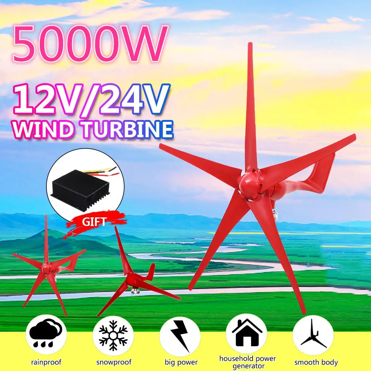 

5000W 5 Blades Wind Turbines Generator 12V/24V Option With Wind Controller for Home Camping Streetlight Mounting accessorie