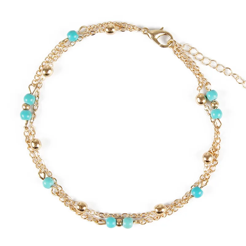 

Simple Beach Beaded Anklets Double Layer Pine Stone Adjustable Gold Silver Foot Chain Ankle Bracelets for Women Bohemian Jewelry