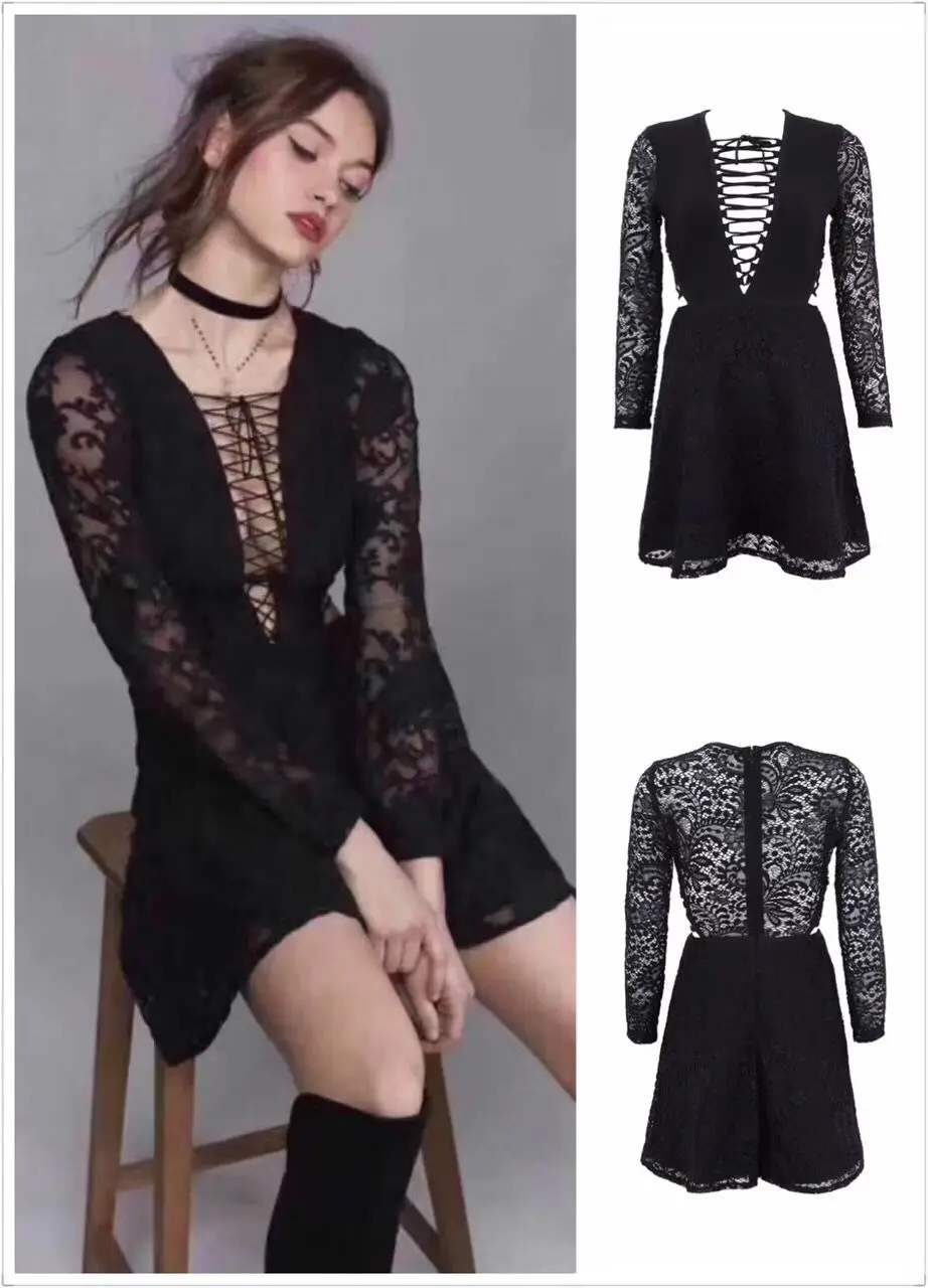 Casual Vrouwen Jurk Lange Kant Mouw Zwart Lace Up V-hals Mini Bandage Jurk Casual Vrouwen Jurk Lange Kant Mouw Zwart Lace Up V-hals Mini Bandage Jurk