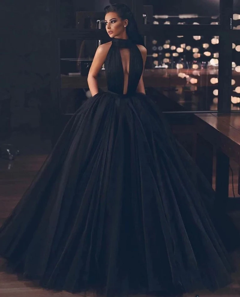 

2020 Black Tulle Floor Length Evening Gown Long Formal Homecoming Graduation Dresses vestidos de gala Puffy Prom Dresses