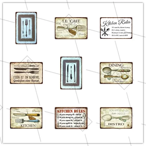 Кухонные правила металлическая табличка нож и вилка Настенная Наклейка для