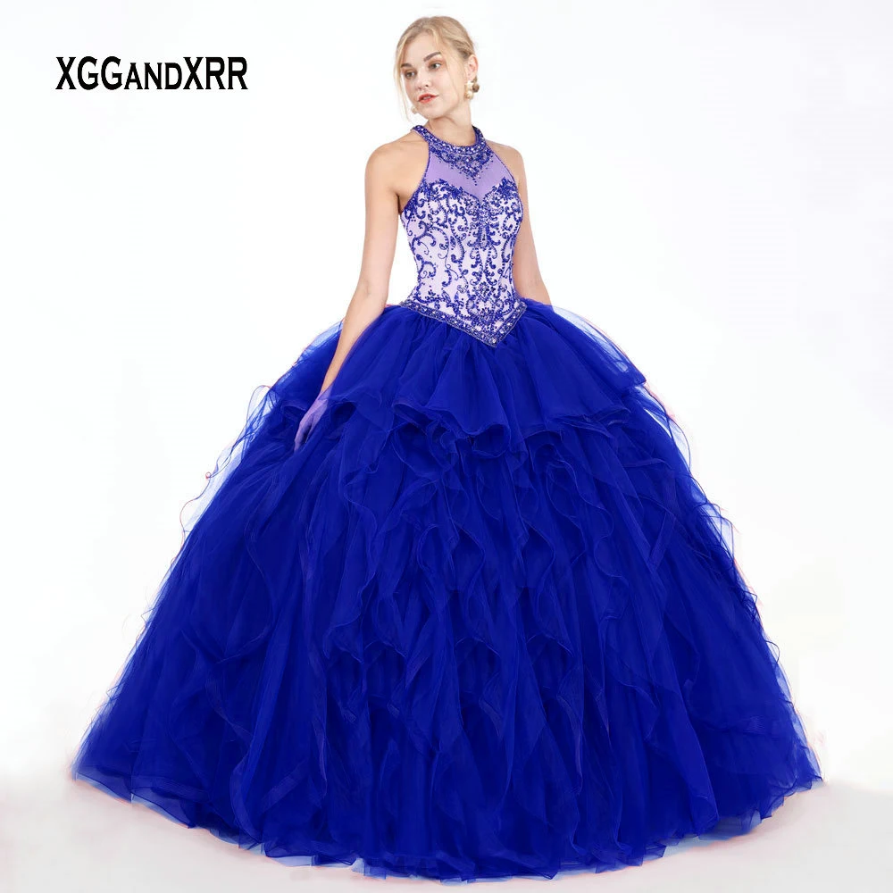 Синий Элегантное о-бальное платье с круглым вырезом пышные платья сексуальные с открытыми плечами, расшитое бисером Кристальные милые 16 Выпускные платья с курткой вечерние платья - Цвет: Синий