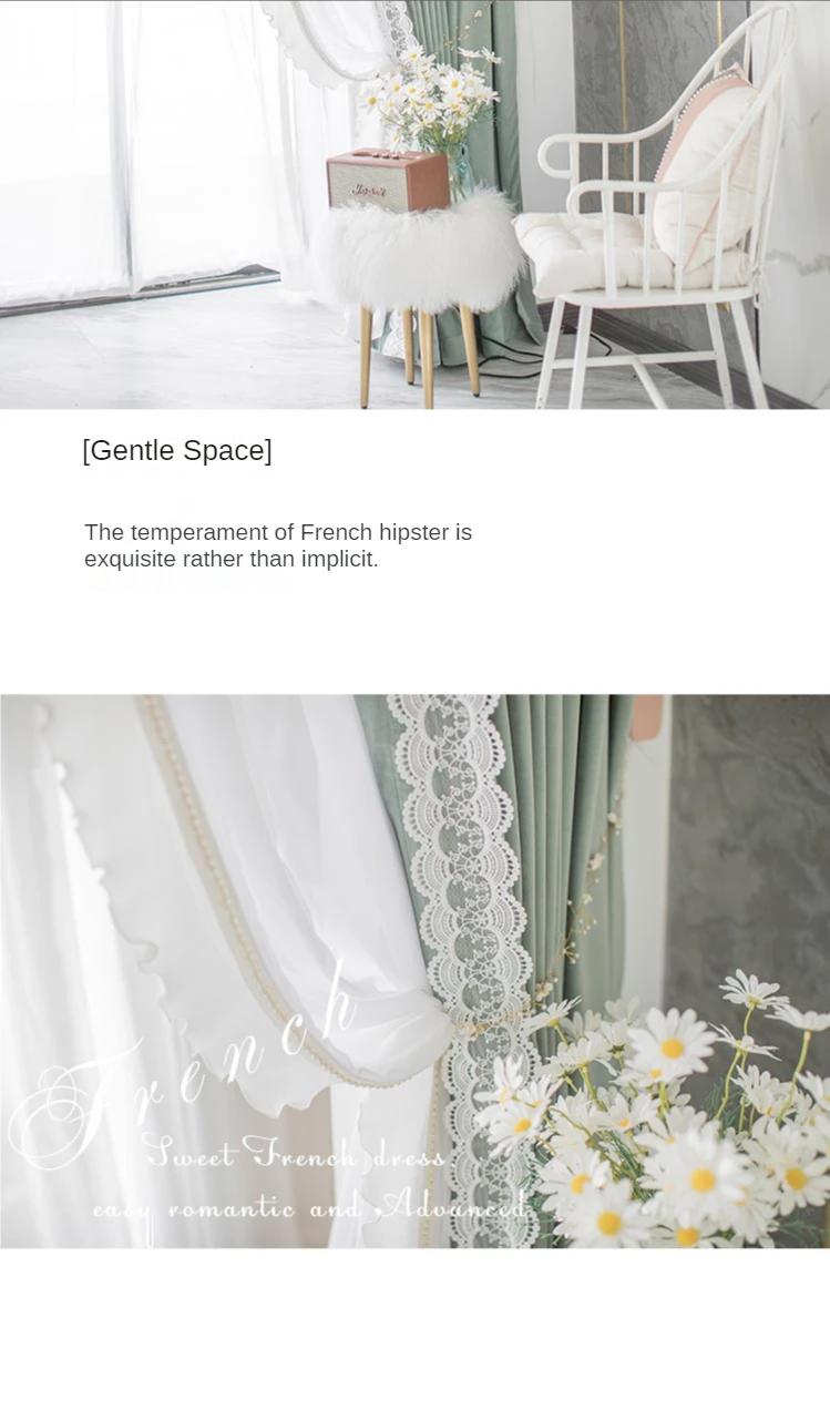 2022 New Avocado Green French Lace Princess Style Curtains Bedroom Living Room Bay Window Shading Curtains Modern and Simple