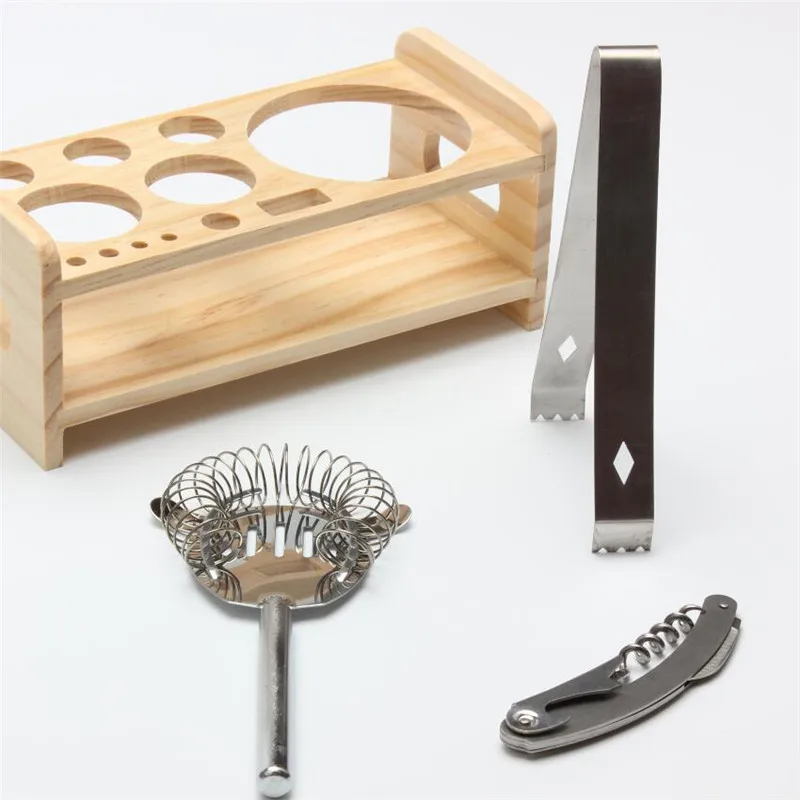 12pcs/set Stainless Steel Liquor Cocktail Shaker Wood Rack Bar Wine Mixer Set Bartender Cocktail Hand Shaker Bar Tool