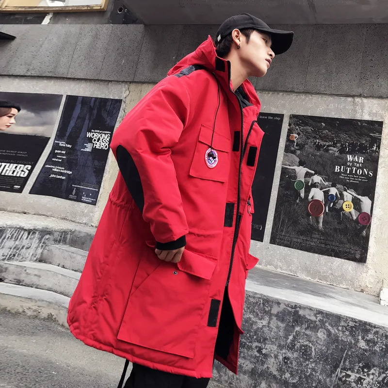 Размер США, красная длинная куртка в стиле хип-хоп, парки, Зимняя Мужская Уличная теплая куртка-карго, ветровка, верхняя одежда в стиле Харадзюку, DG289