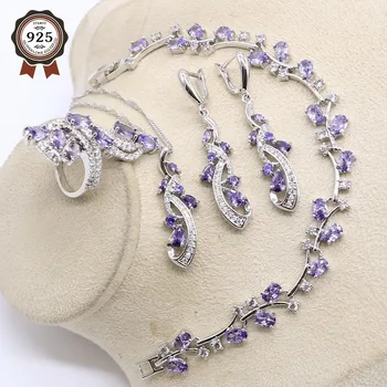 

925 Sterling Silver Wedding Jewelry Sets Earrings For Women Luxury Purple Jewelry Bracelet Rings Bridal Pendant Necklace Set