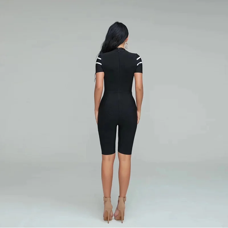 Черный свитер с завязками комбинезон Женская сексуальная сетка Bodycon Короткий рукав мода полосатый водолазка короткий клубный комбинезон