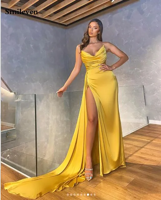 Smileven Yellow Sexy V Neck Mermaid Evening Dress Strapless High Side Split Prom Dresses Dubai Celebrity Dresses Party Gowns gold