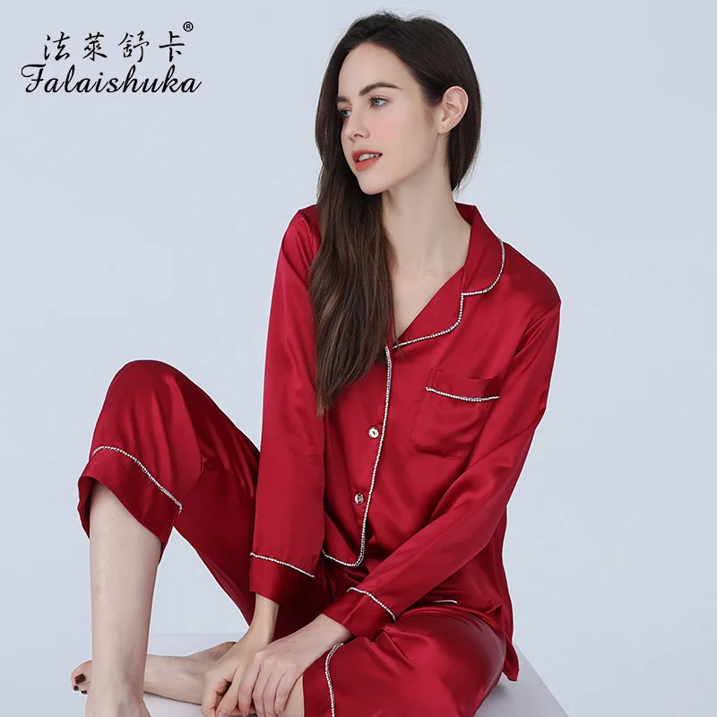 

19 Momme 100% genuine silk Luxurious rhinestone edge pajamas sets women sleepwear elegant pure Mulberry Silk women pyjamas T8310