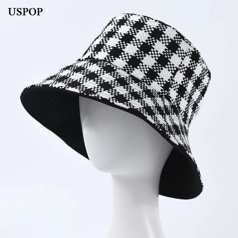 

USPOP 2019 New winter hats women men plaid bucket hats unisex double-sided black white bucket hats