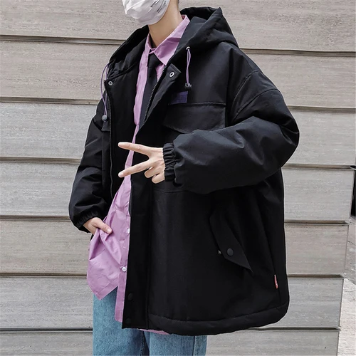 Liketkit, мужские зимние парки, мужские одноцветные винтажные толстые куртки с капюшоном больших размеров, мужские куртки в стиле хип-хоп, корейская мода, теплая ветровка - Color: Black