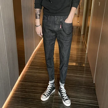 

2019 new carbon black washed embroidered jeans youth men's slim feet net red fashion denim trousers