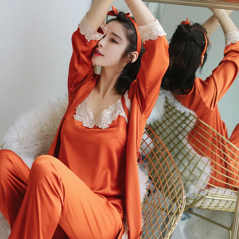 Осенние пижамы для женщин, Сексуальная кружевная атласная шелковая пижама, комплект женской домашней одежды, Повседневная Пижама с длинными рукавами из 3 предметов, пижамы