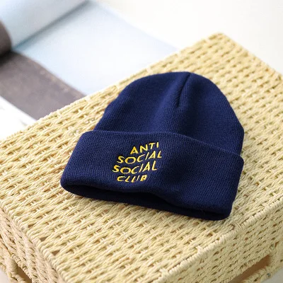 Navy blue Зимняя шерстяная шапка с надписью «ANTI SOCIAL ClUB» для мужчин и женщин, шапка хип-хоп, вязаная шапка, шапка, шапки - Цвет: Navy blue