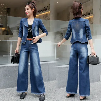 

Women 2 Piece Set Denim Jacket and Wide Leg Jeans 2019 Fall Denim Pants Suit Womens Casual Two Piece Set Jean Outfits Clothes