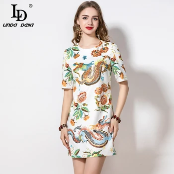 

LD LINDA DELLA 2020 Spring Summer Fashion Runway Vintage Dress Women's Short Sleeve Flowers Print Crystal Beading Elegant Dress