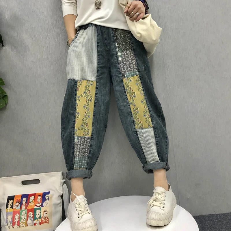 Elastic Waist Floral Print Vintage Patchwork Denim 1