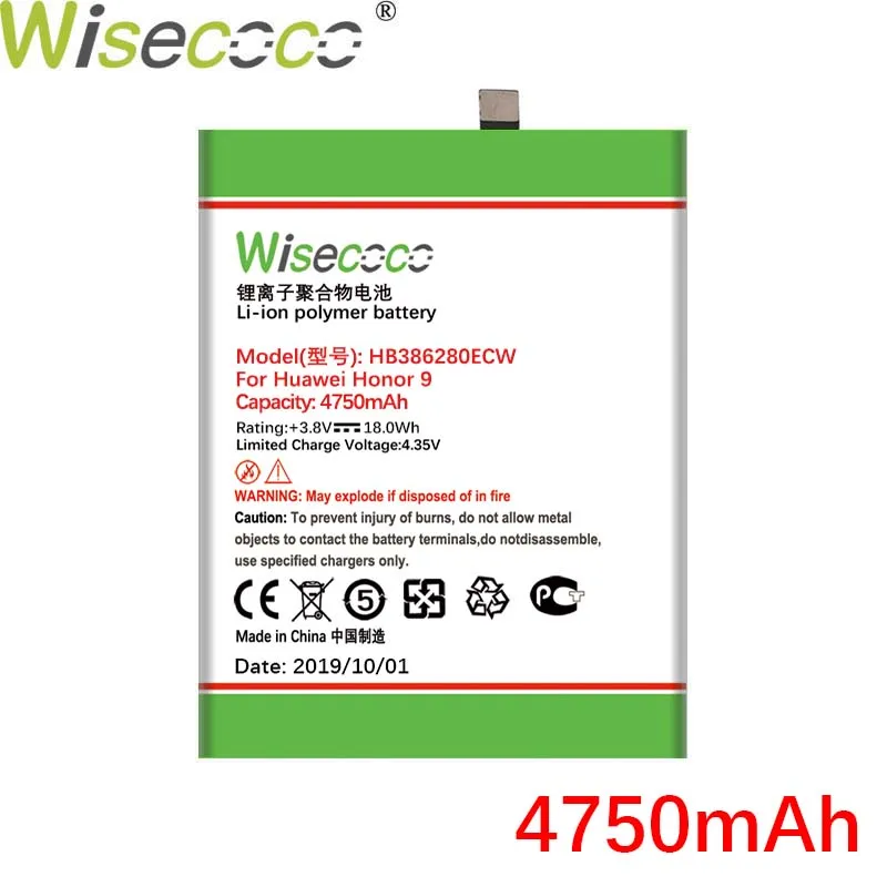 Wisecoco 4750 мАч HB386280ECW батарея для huawei Honor 9 STF-L09 STF-AL10 для huawei P10 5," телефон батарея новейшего производства