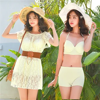 

New Korean Style Sexy Bikini 3 Pieces Swimming Suit Hasp Bathing Suit Women Halter Underwire Push-Up Ruffer Swimwear