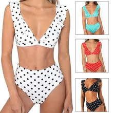 Бикини с высокой посадкой, полиэстер, в черный и белый горошек, с оборками, для девушек, для женщин, для пляжа, для плавания, Модный Купальник