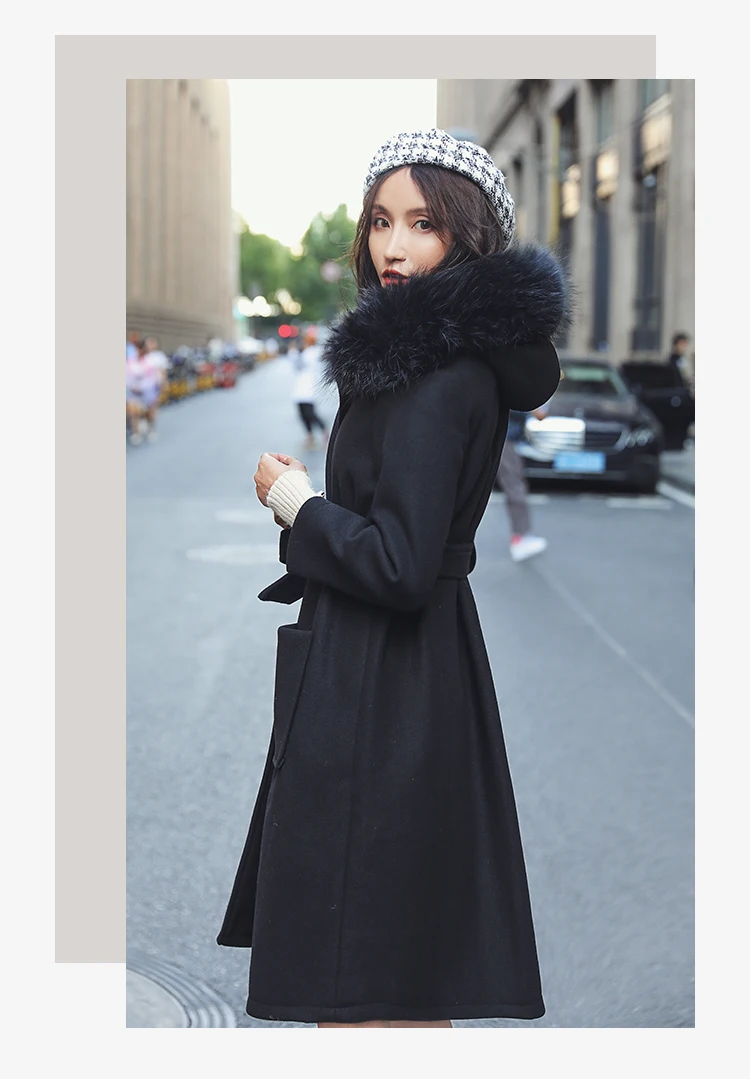 Черное шерстяное пальто зимняя женская куртка новая мода с меховым воротником с капюшоном верхняя одежда средней длины тонкое женское пальто