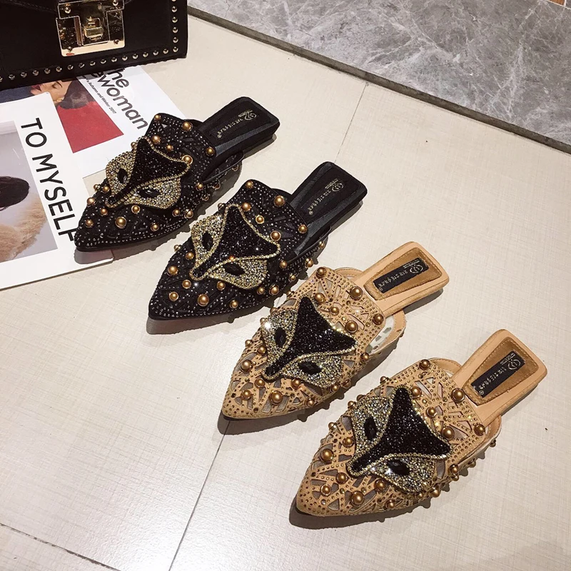 Тапочки без задника ползунки женские жемчужные заклепки стразы туфли на плоской